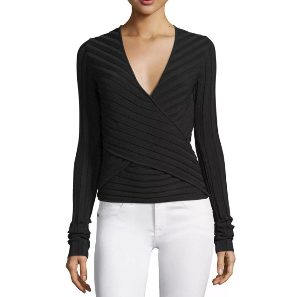 Cinq a Sept Black Titania Ribbed Wrap Front Top